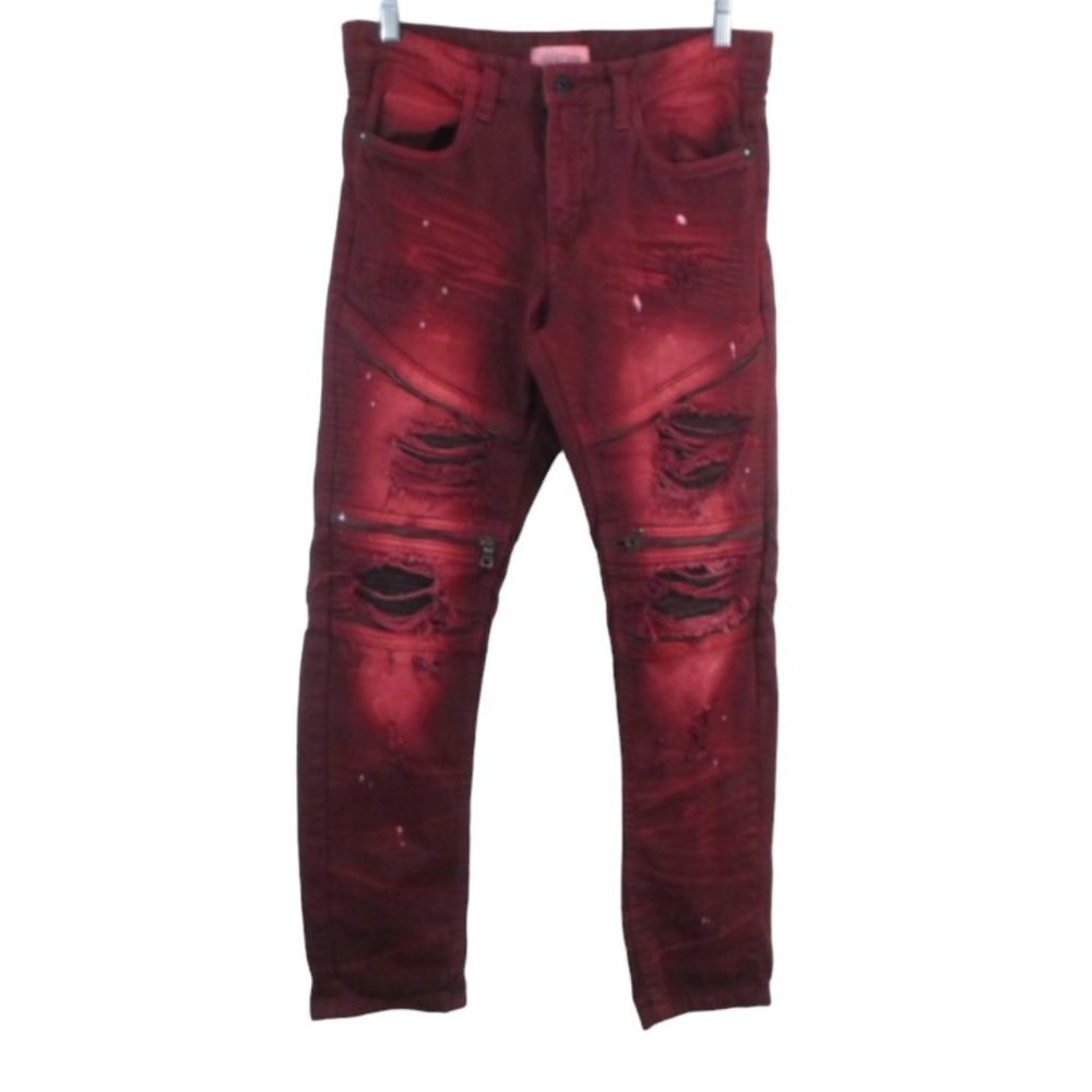 Smoke Rise Red Biker Distressed Splatter Zipper Taper Jeans
